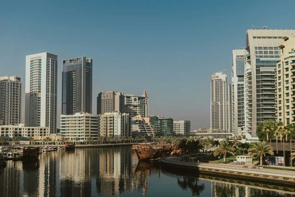 Dubai Marina skyline with boats, the trade gateway between Europe and Asia